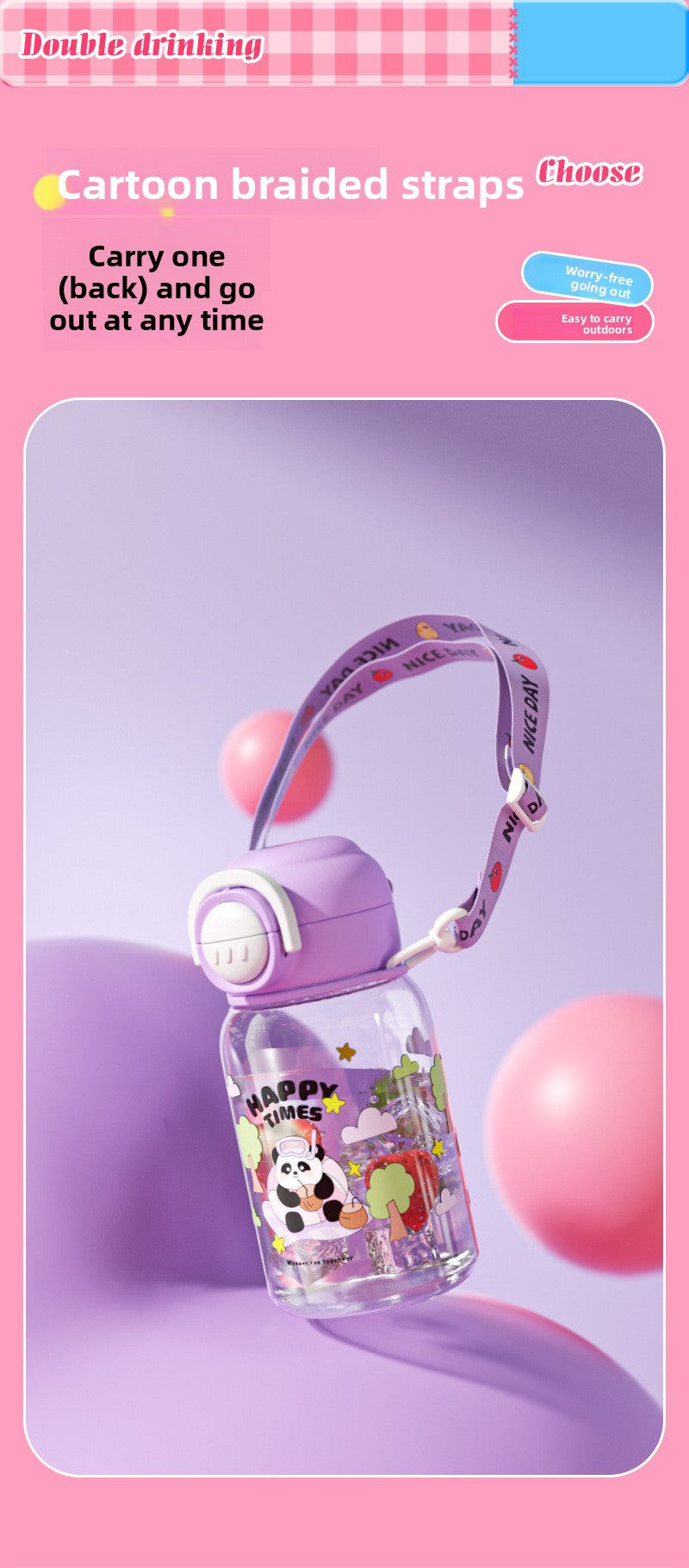 Cartoon Strap Plastic Cup Children's Panda Straw Cup Student Portable