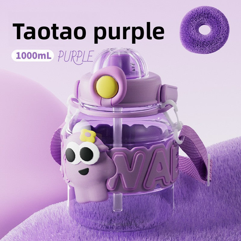 Cartoon Plastic Water Cup One-Click Open Lid Straw Outdoor Portable