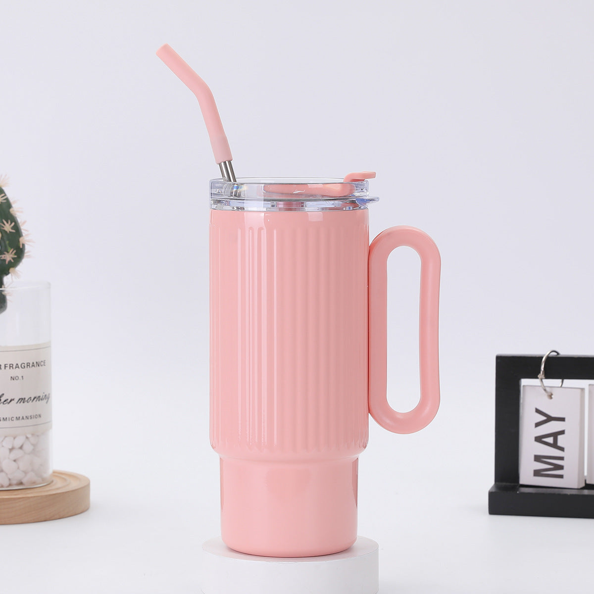 Striped 40oz Large Capacity Straw Cup 304 Stainless Steel Handle Portable