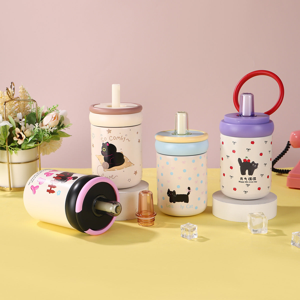 316 Stainless Steel Cute Kitten Straw Insulated Cup