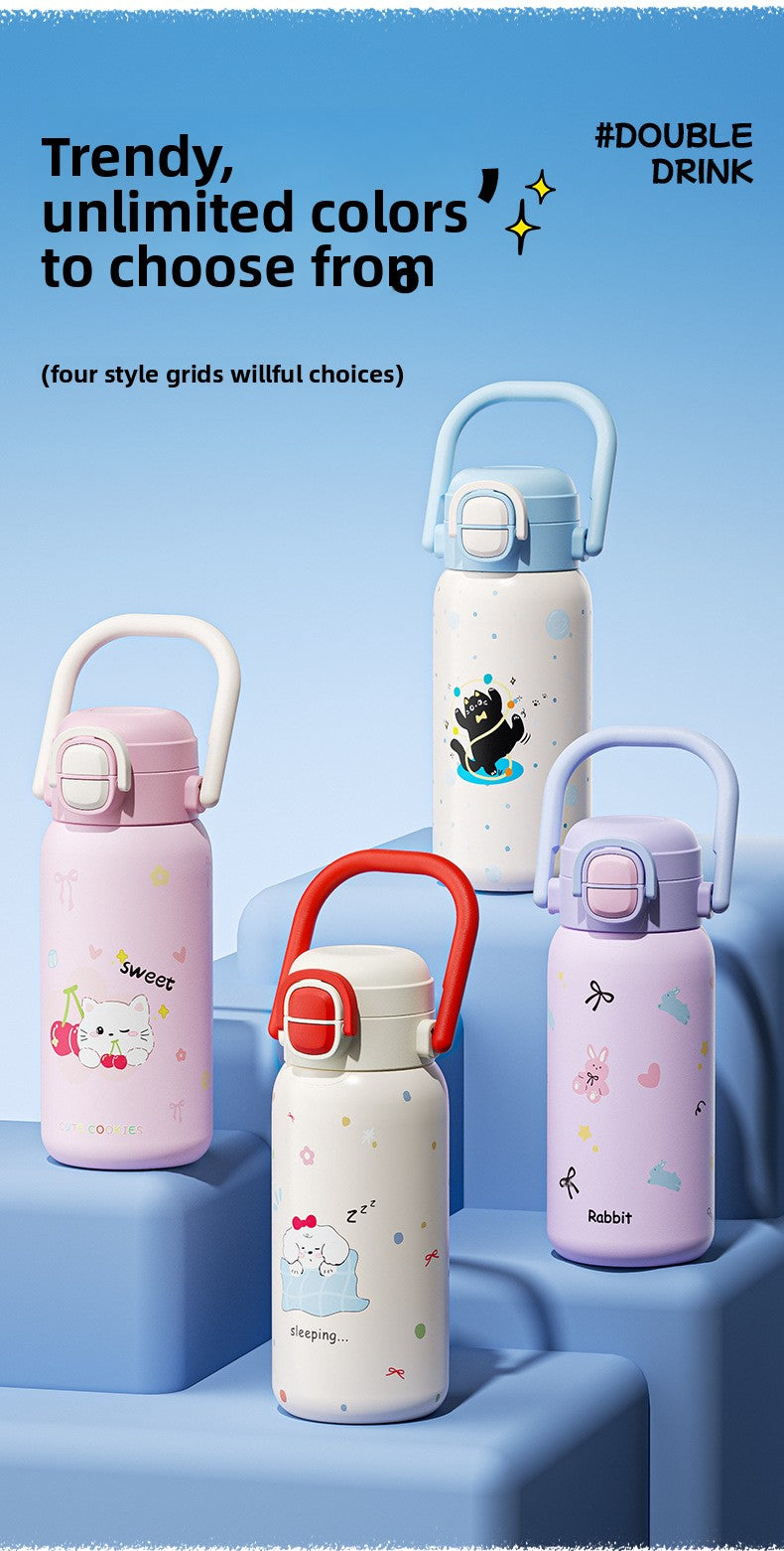 316L Cartoon Children's Insulated Cup Double Drinking Straw Cup Student Portable Water Cup