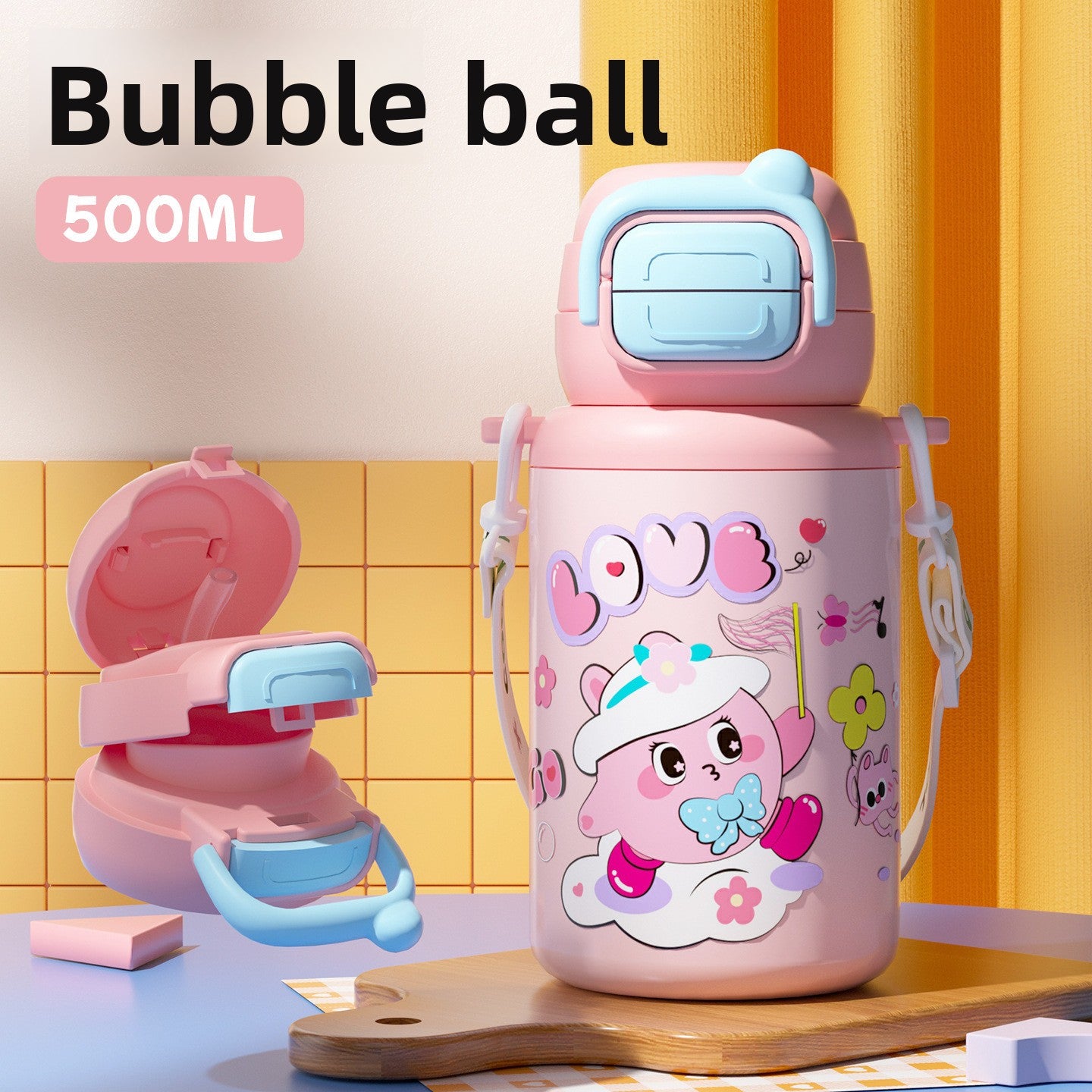 316 Stainless Steel Cartoon Pattern Children's Insulated Water Bottle with Strap and Pop-up Lid