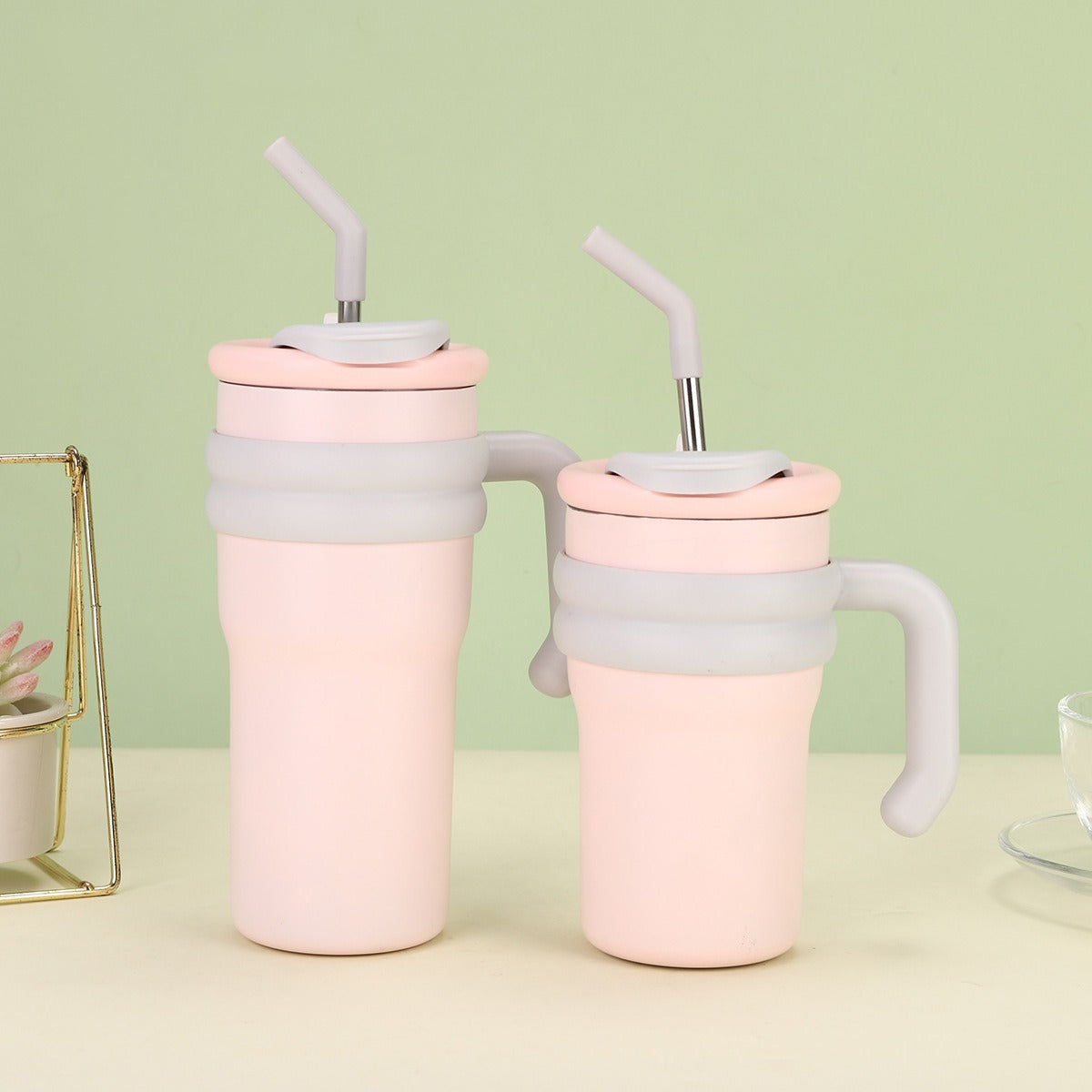 304 Stainless Steel Handle Color-Block Large Capacity Portable Insulated Straw Cup