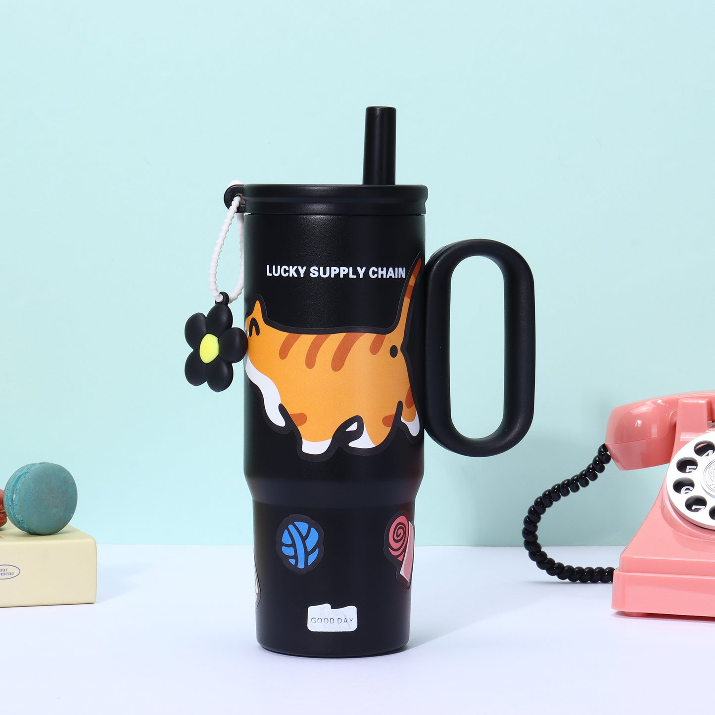 Puppy Pattern 316 Stainless Steel Large Capacity Insulated Cup with Handle and Straw