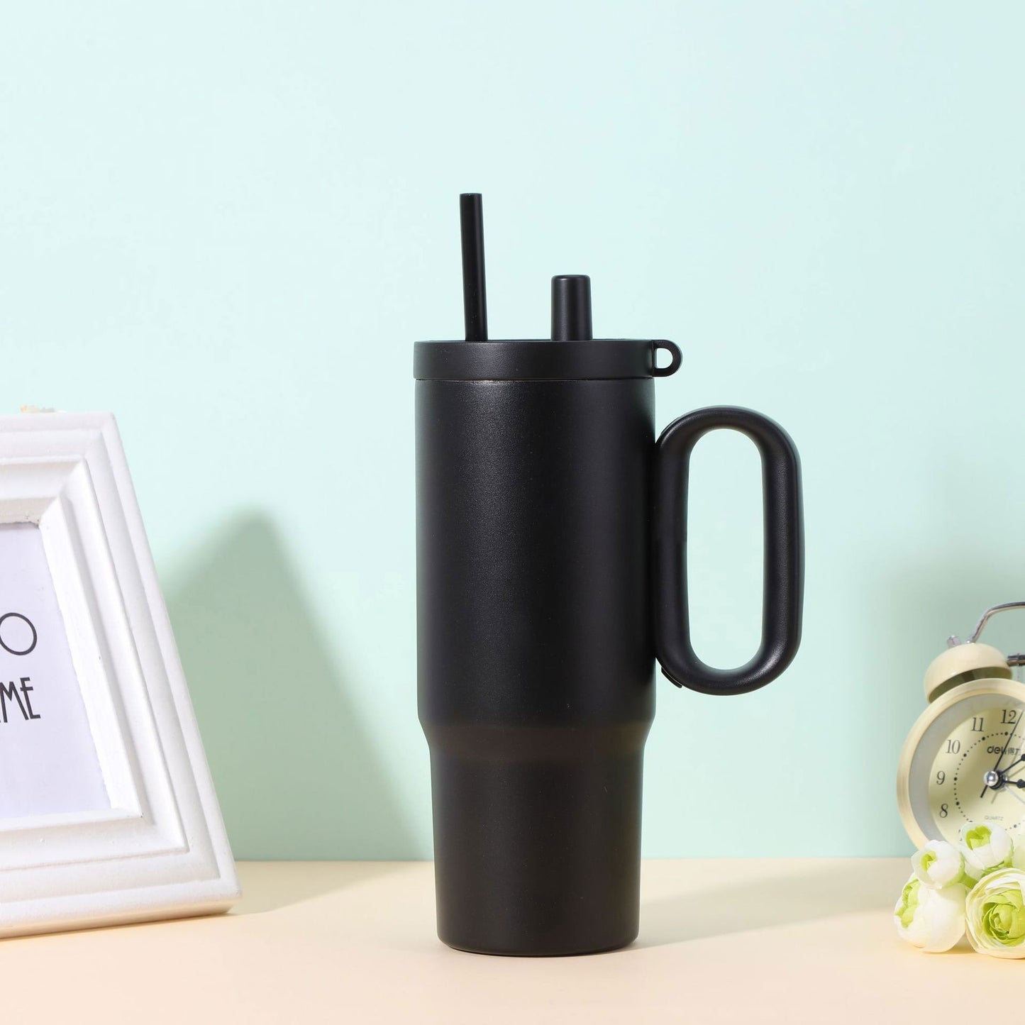 304 Stainless Steel Insulated Cup with Handle and Straw, Compatible with Car Cup Holder