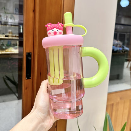 Large Capacity Plastic Cup Cute Straw Handle Cup Outdoor Sports Fitness Office