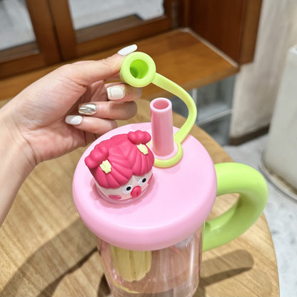 Large Capacity Plastic Cup Cute Straw Handle Cup Outdoor Sports Fitness Office