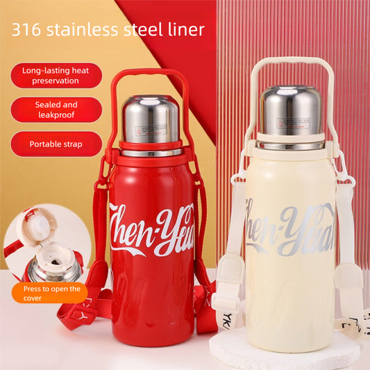 Large Capacity 316 Stainless Steel Insulated Cup Outdoor Portable Strap Water Bottle