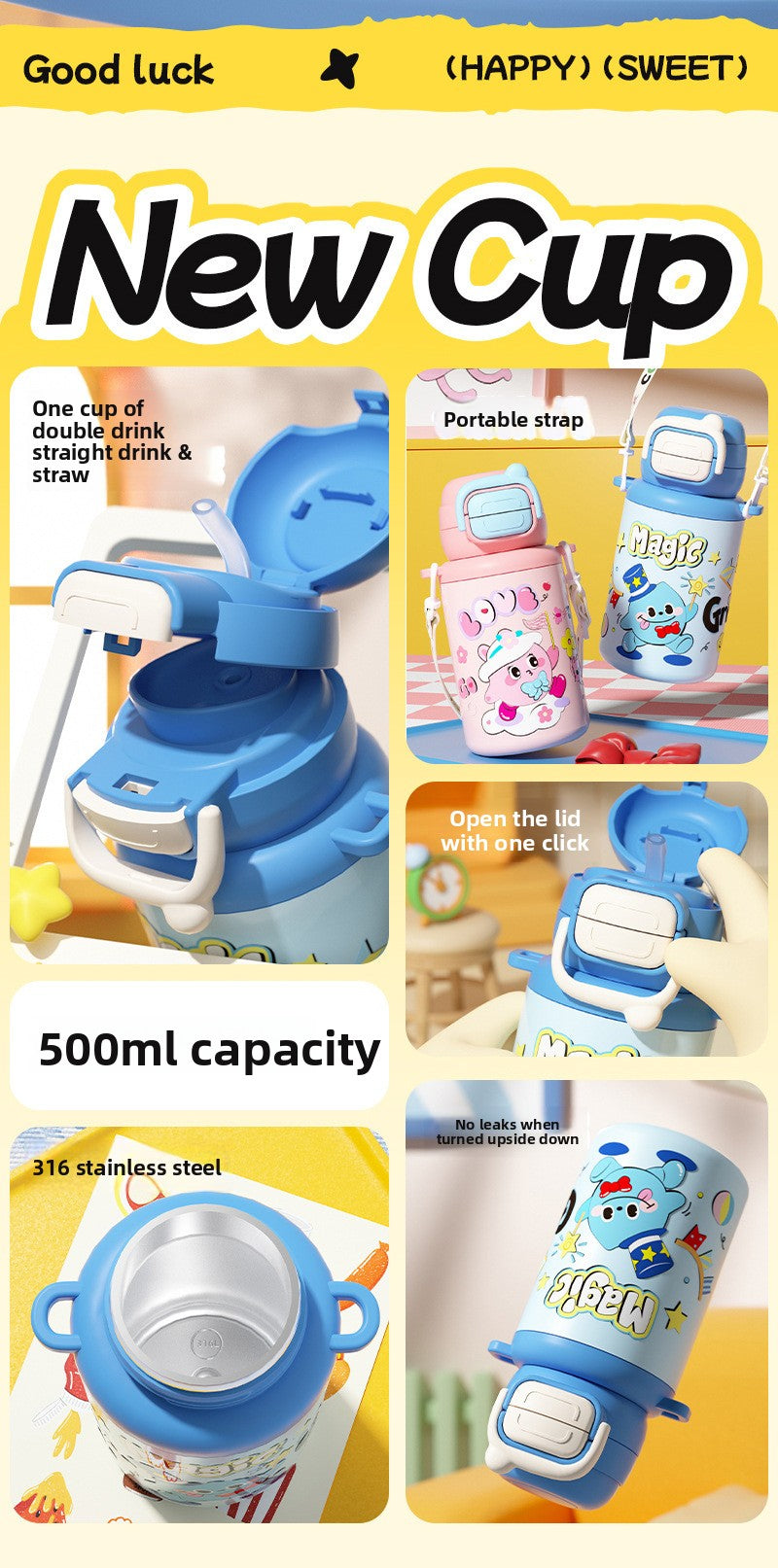 316 Stainless Steel Cartoon Pattern Children's Insulated Water Bottle with Strap and Pop-up Lid