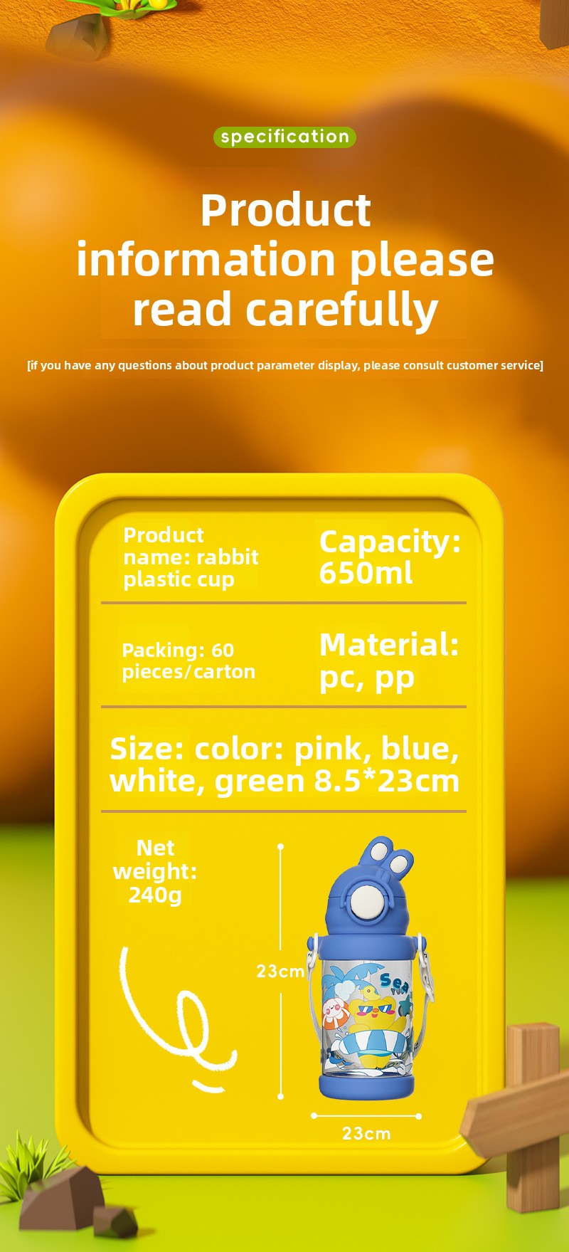 Large Capacity Bouncing Plastic Portable Rabbit Water Cup