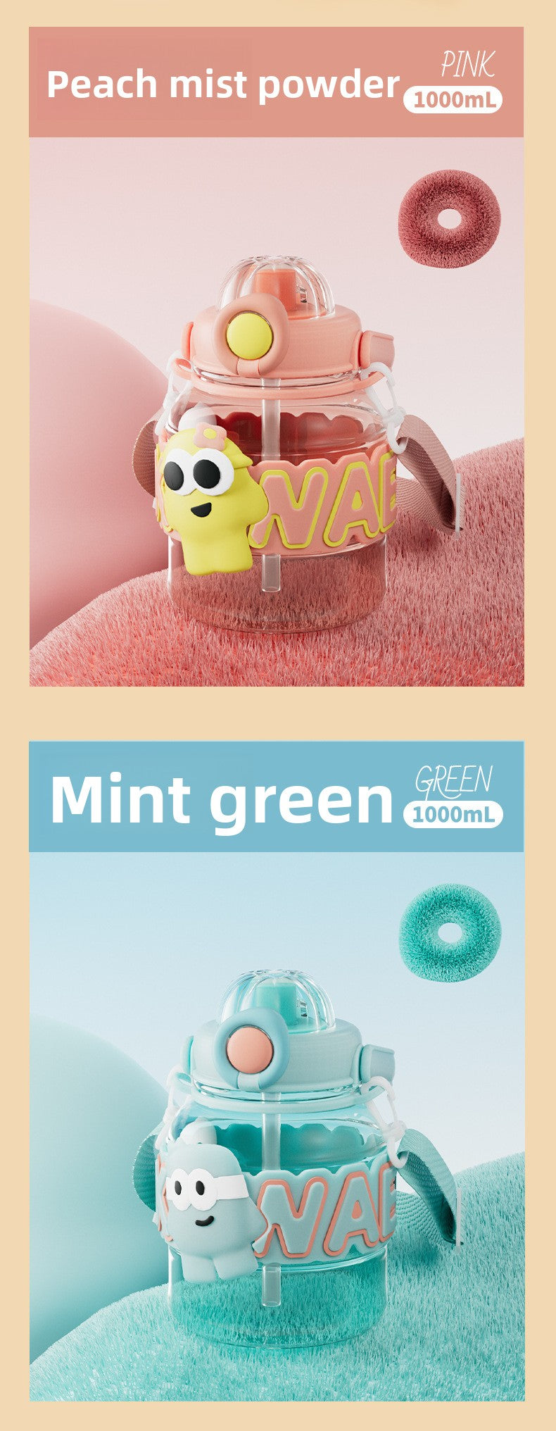 Cartoon Plastic Water Cup One-Click Open Lid Straw Outdoor Portable