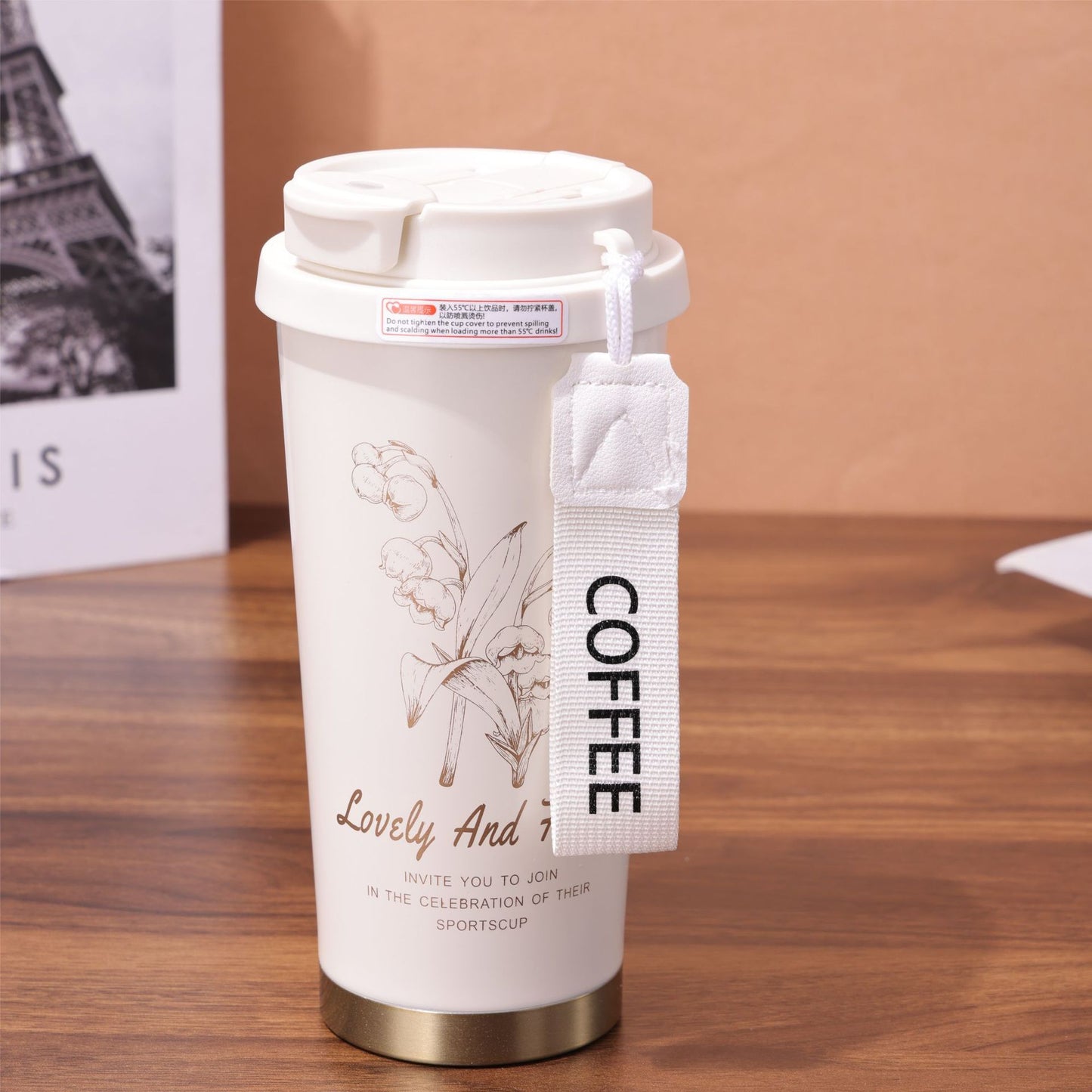 Chinese Style Floral Coffee Cup Double Drinking 304 Stainless Steel Insulated Cup