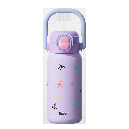 316L Cartoon Children's Insulated Cup Double Drinking Straw Cup Student Portable Water Cup