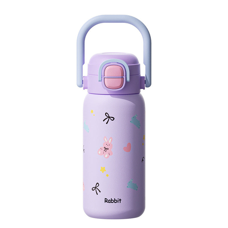 316L Cartoon Children's Insulated Cup Double Drinking Straw Cup Student Portable Water Cup