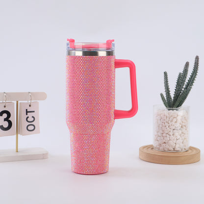 40oz Diamond-Studded Portable Insulated Cup with Handle for Car Use