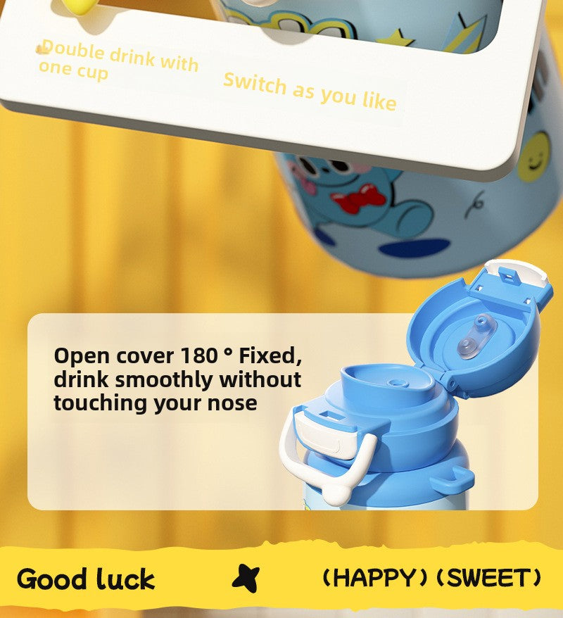 Cartoon Children's Double Drinking 316 Stainless Steel Insulated Cup Student Straw Cup Portable Strap