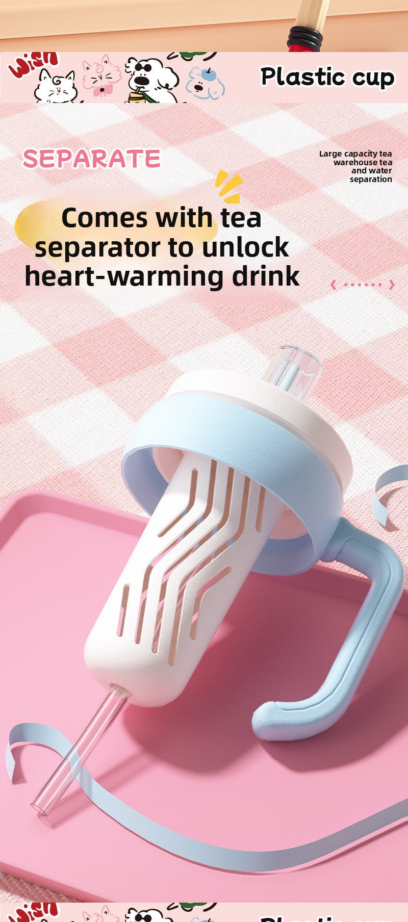 Large capacity portable straw cute handle plastic cup