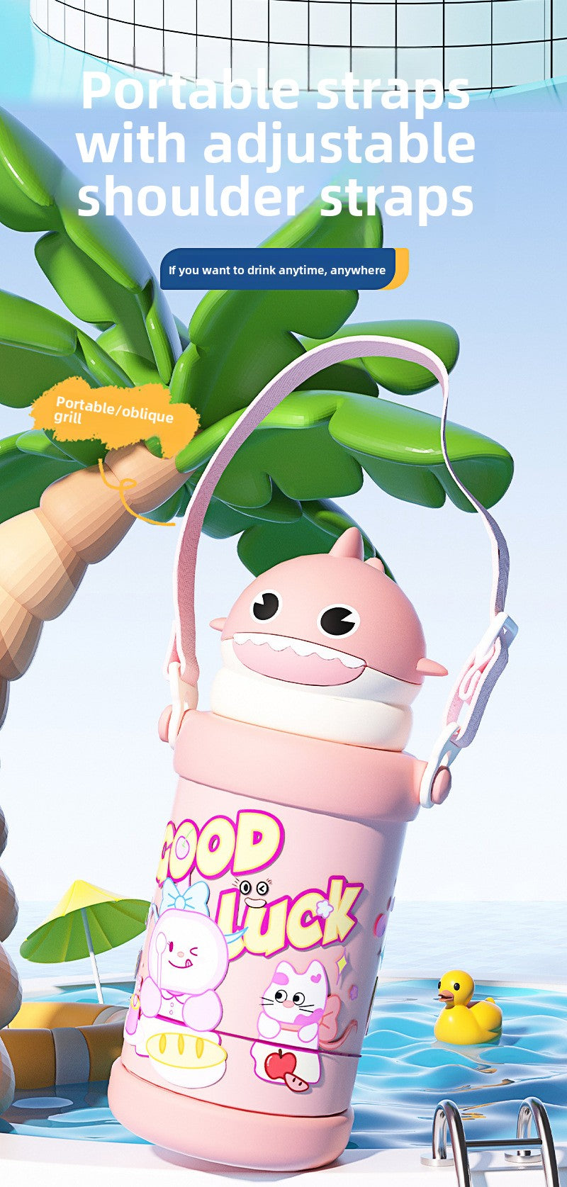 Cartoon Children's 316L Stainless Steel Insulated Tumbler Outdoor Strap Straw Cup