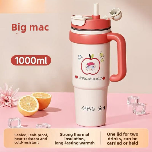 316 Stainless Steel Straw Insulated Cup Large Capacity Dual Drinking Perfectly Fits Car Cup Holder