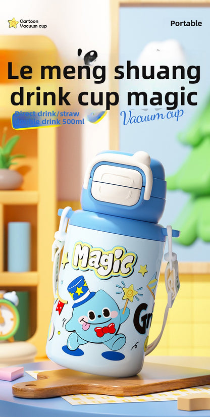 Cartoon Children's Double Drinking 316 Stainless Steel Insulated Cup Student Straw Cup Portable Strap
