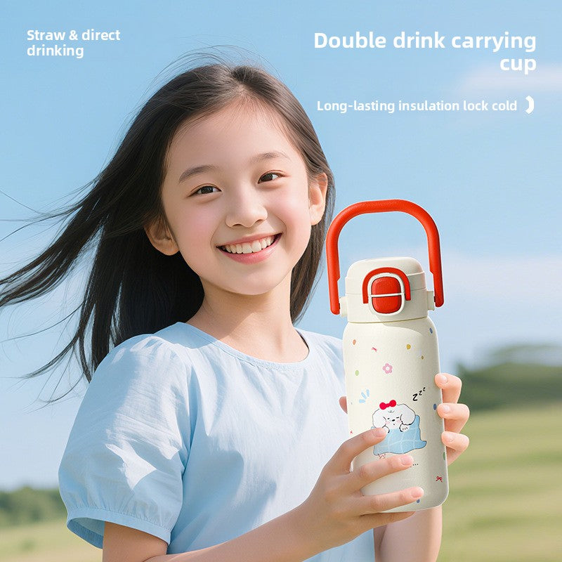 316L Cartoon Children's Insulated Cup Double Drinking Straw Cup Student Portable Water Cup