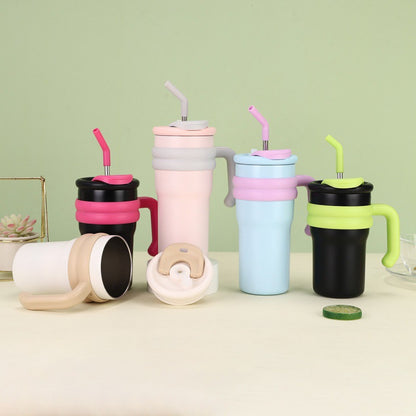 304 Stainless Steel Handle Color-Block Large Capacity Portable Insulated Straw Cup