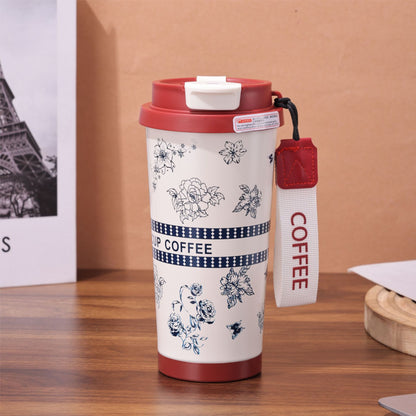 Chinese Style Floral Coffee Cup Double Drinking 304 Stainless Steel Insulated Cup
