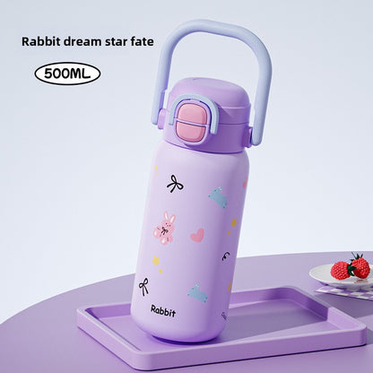 316L Cartoon Children's Insulated Cup Double Drinking Straw Cup Student Portable Water Cup