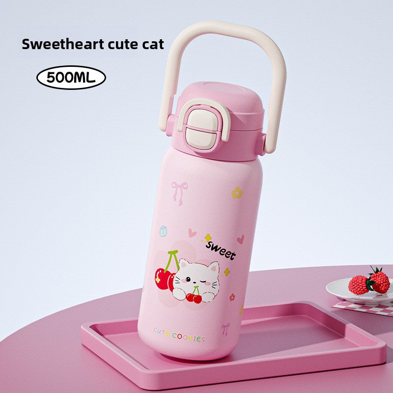 316L Cartoon Children's Insulated Cup Double Drinking Straw Cup Student Portable Water Cup