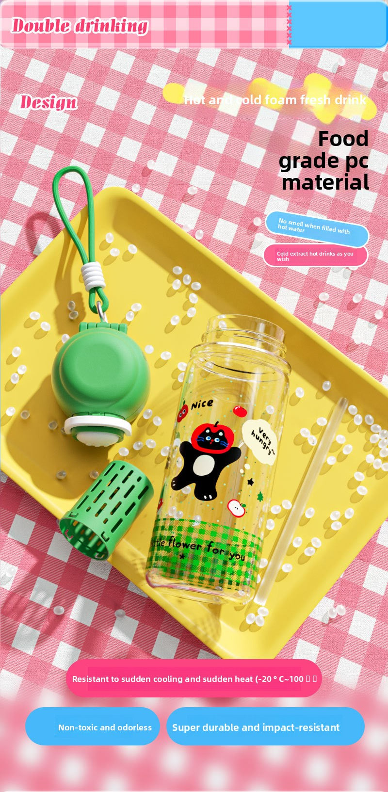 Plastic High Temperature Resistant Straw Kitten Double Drinking Cup
