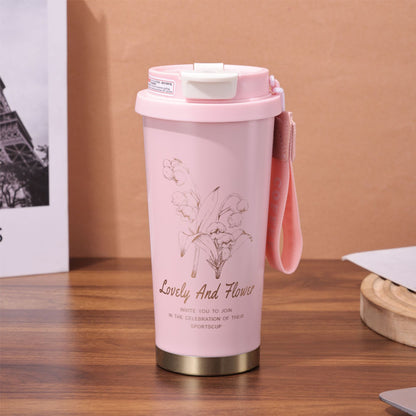 Chinese Style Floral Coffee Cup Double Drinking 304 Stainless Steel Insulated Cup